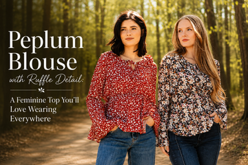 Woman wearing a floral peplum blouse with ruffle detail and long sleeves paired with dark wash jeans outdoors.