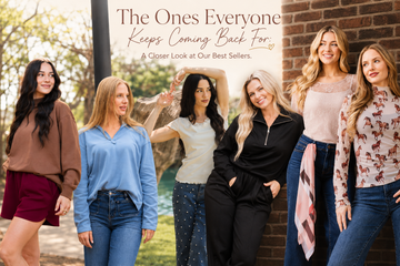 Grace+Emma's best-selling women's fashion, including cozy pullovers, lace tops, casual basics, printed styles, and everyday essentials worn by diverse models outdoors.
