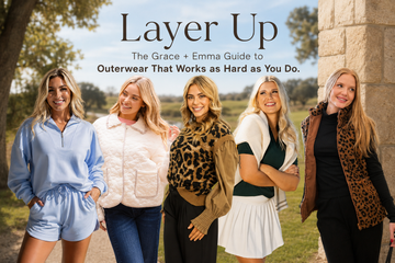 Grace + Emma outerwear and layered fall fashion in a scenic outdoor landscape, featuring quilted jackets, cozy vests, knit layers, and casual cold-weather outfits for everyday wear.