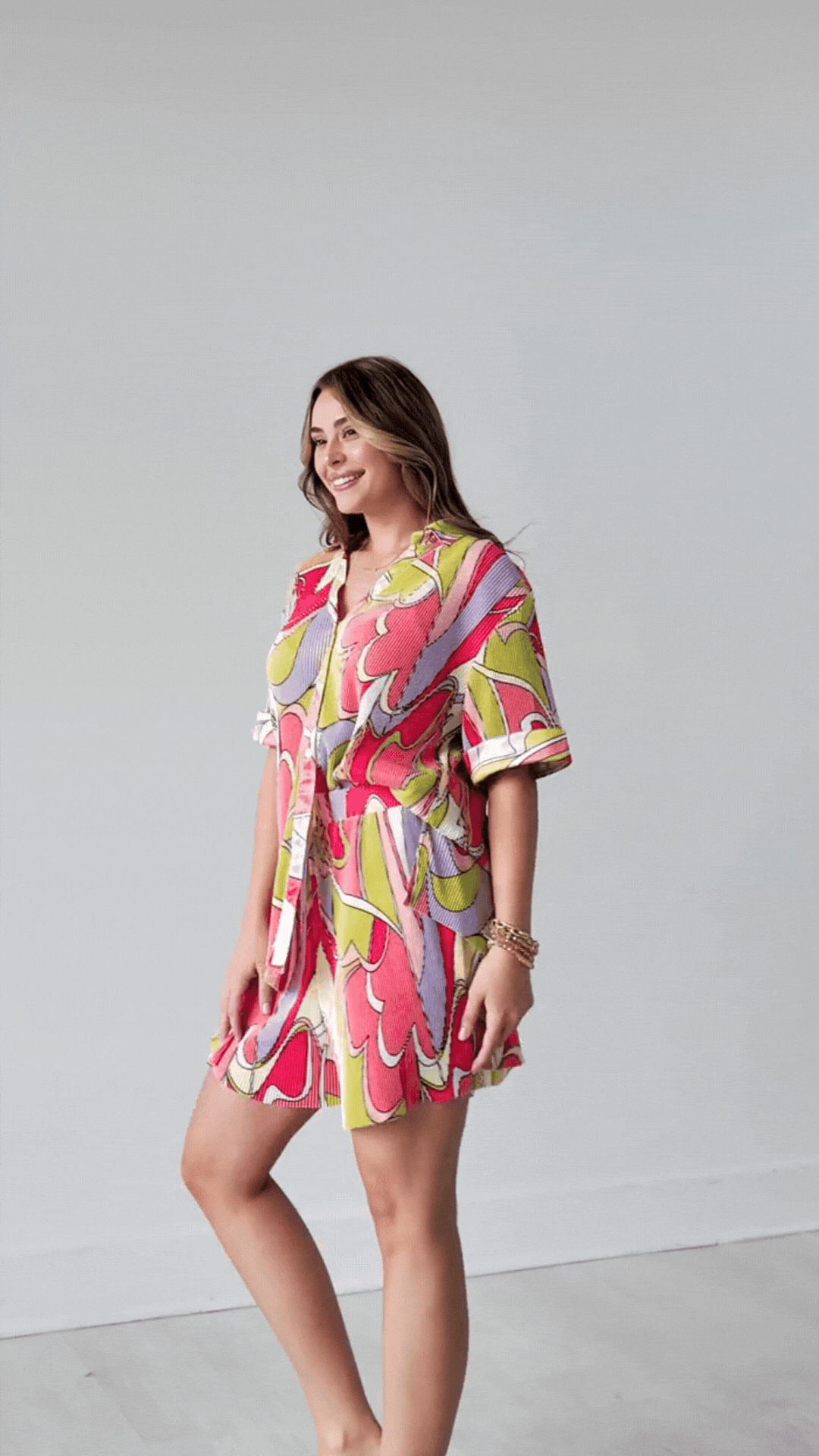 Pleated Abstract Print Button-Up