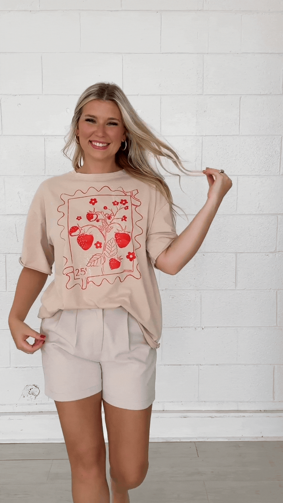 Strawberry Stamp On Beige Relaxed Fit Tee