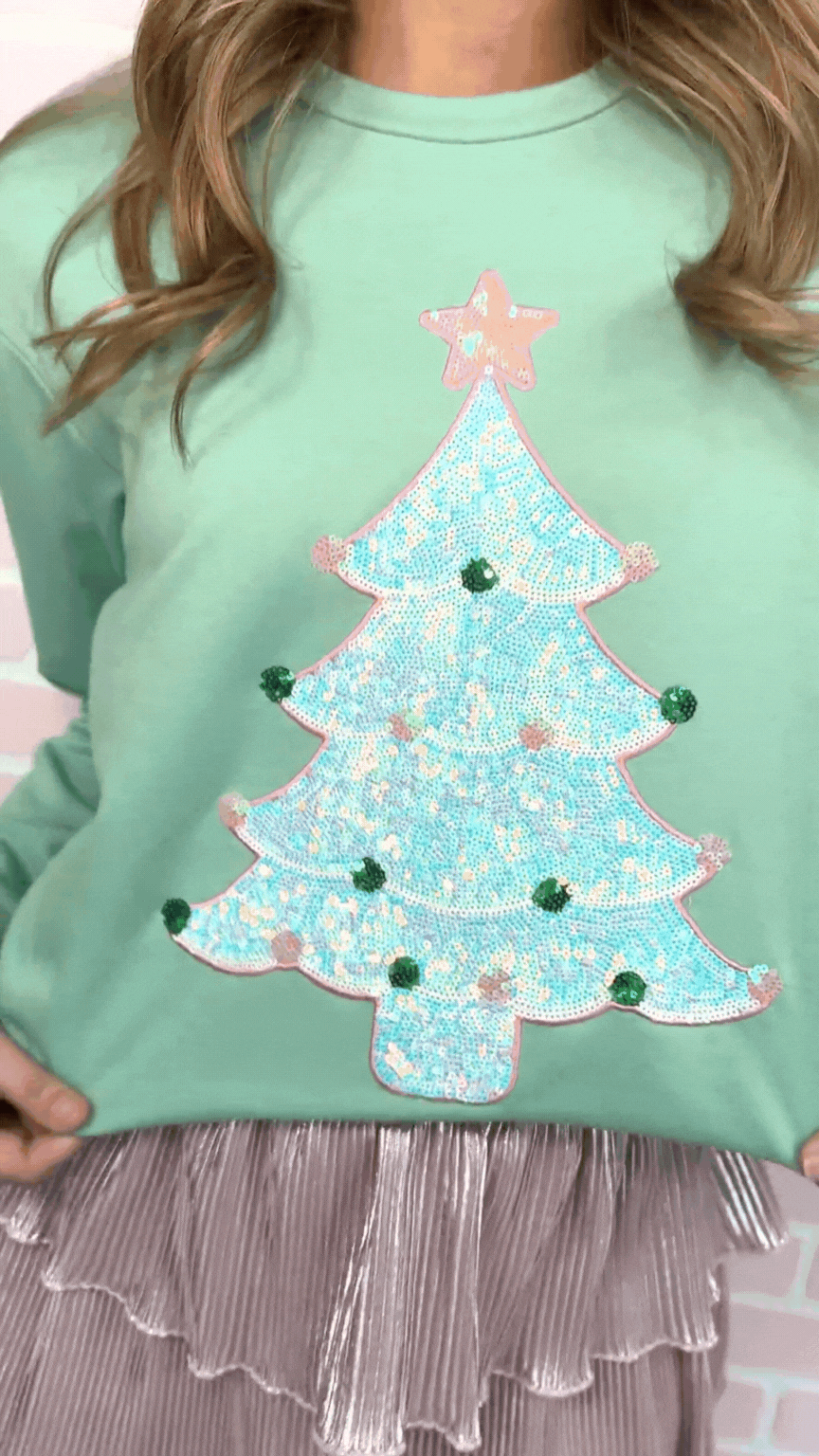 Sequin Tree Patch on Mint Sweatshirt