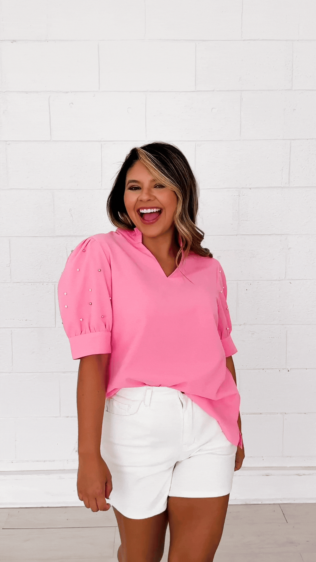 Pink Puff Sleeve Top With Pearl