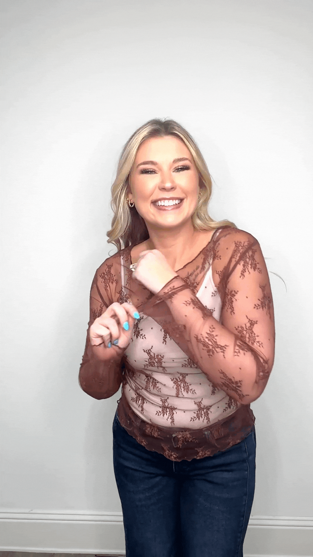 Lace Long-sleeve Top, Brown