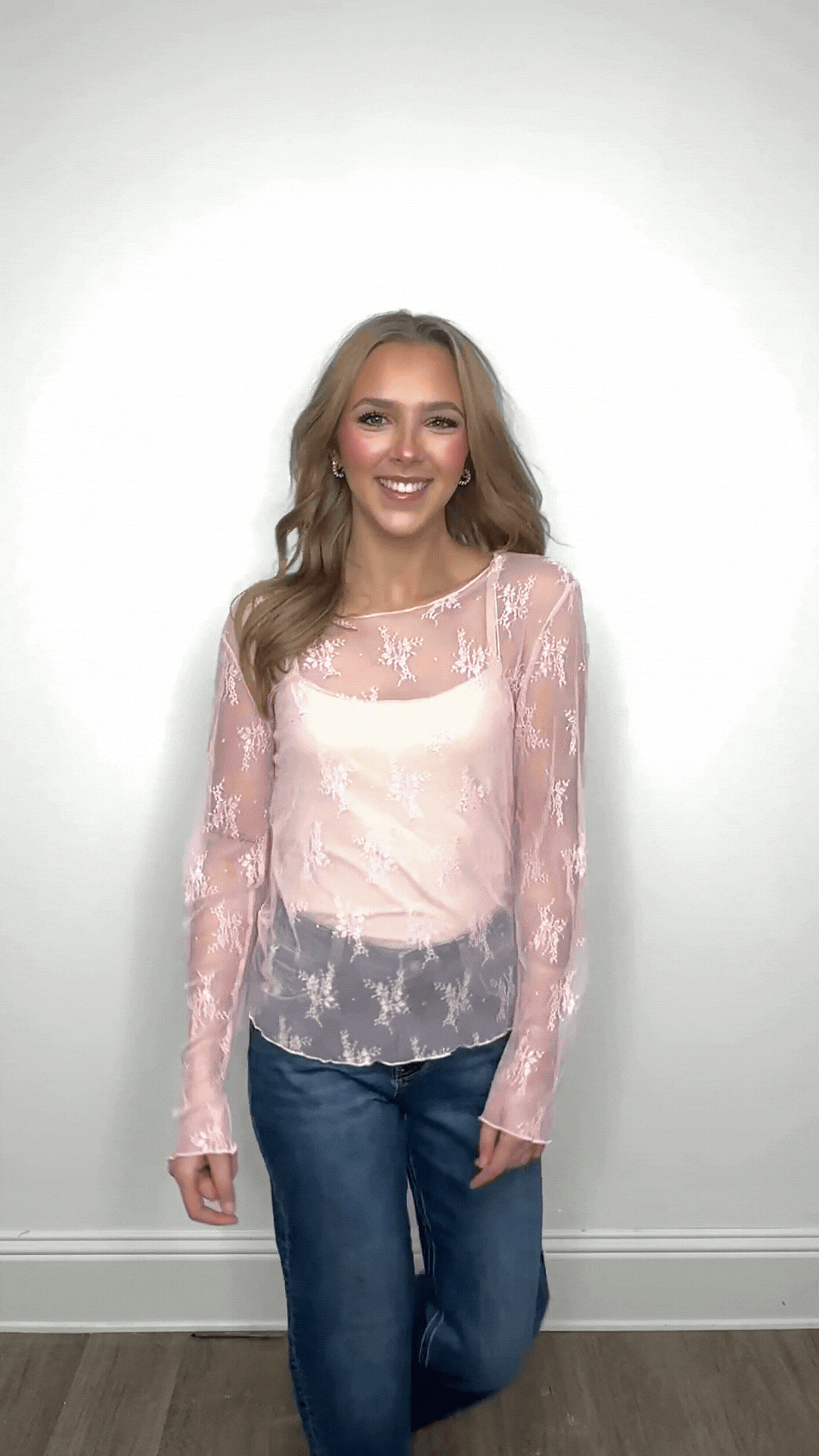 Lace Long-sleeve Top, Light Pink