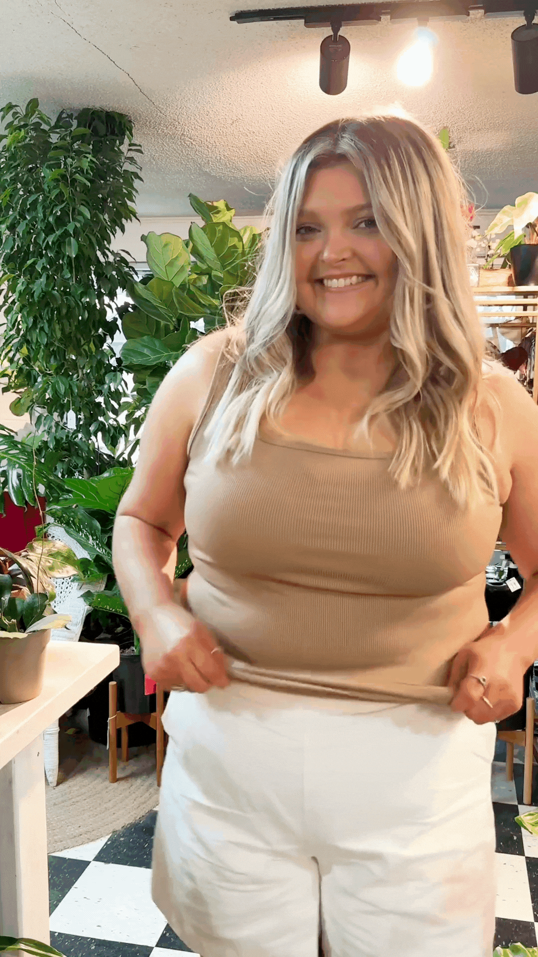 Bella Square Neck Rib Knit Tank Top, Tan