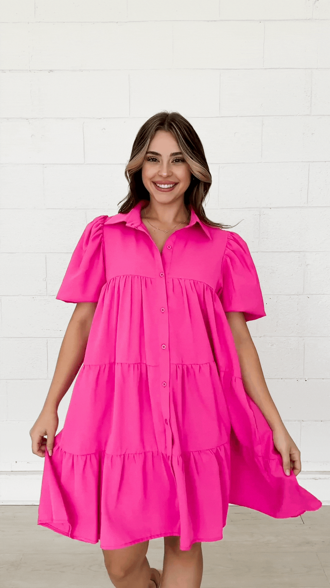 Hot Pink Puff Sleeve Button-Up Dress