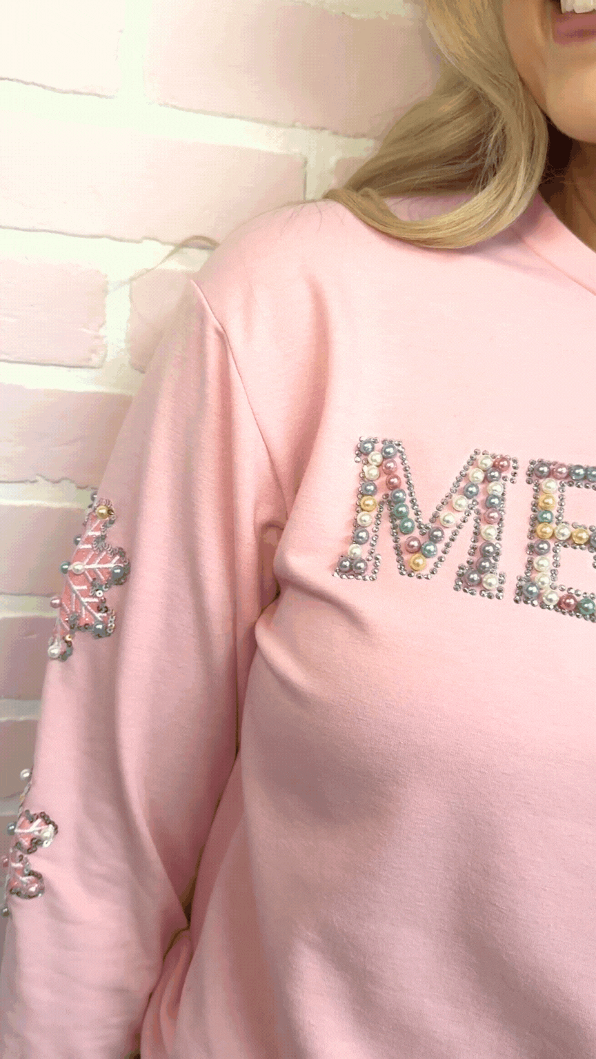 Pearl "Merry" on Pink Sweatshirt