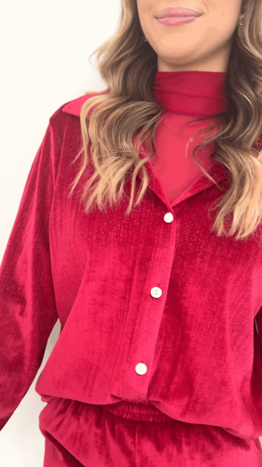 Velvet Button-Up Top, Red
