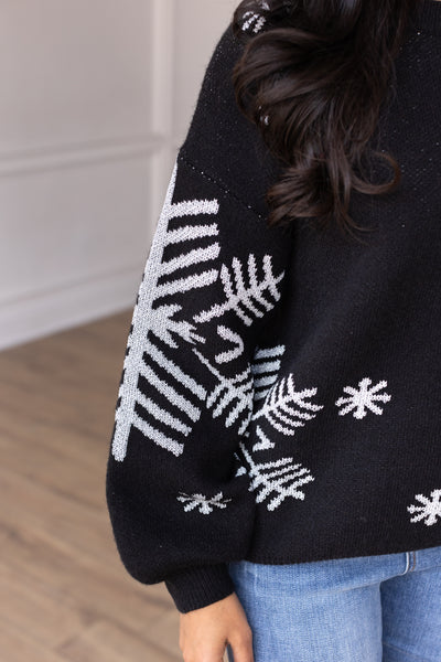 Nightfall Frost Black Sweater with Silver Snowflakes