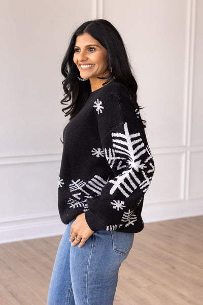 Nightfall Frost Black Sweater with Silver Snowflakes