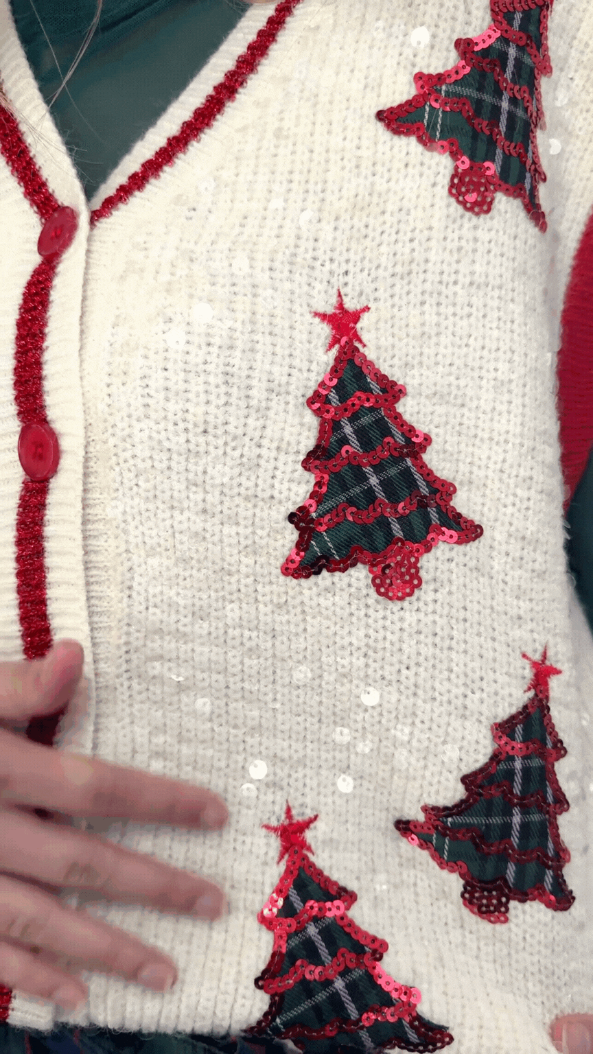 Sequin Ivory Sweater Vest with Plaid Tree Patches