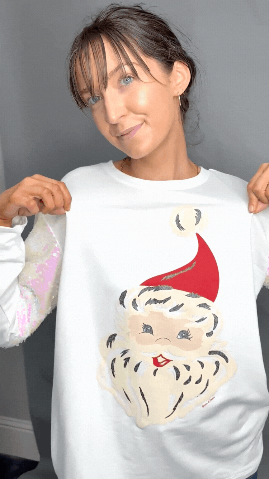 Santa on Light Weight Sequins Crewneck, White