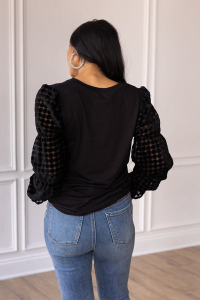 Black Top with Burnout Velvet Sleeves