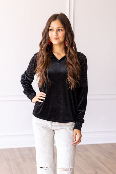 Black Velvet Top with Burnout Leopard Details