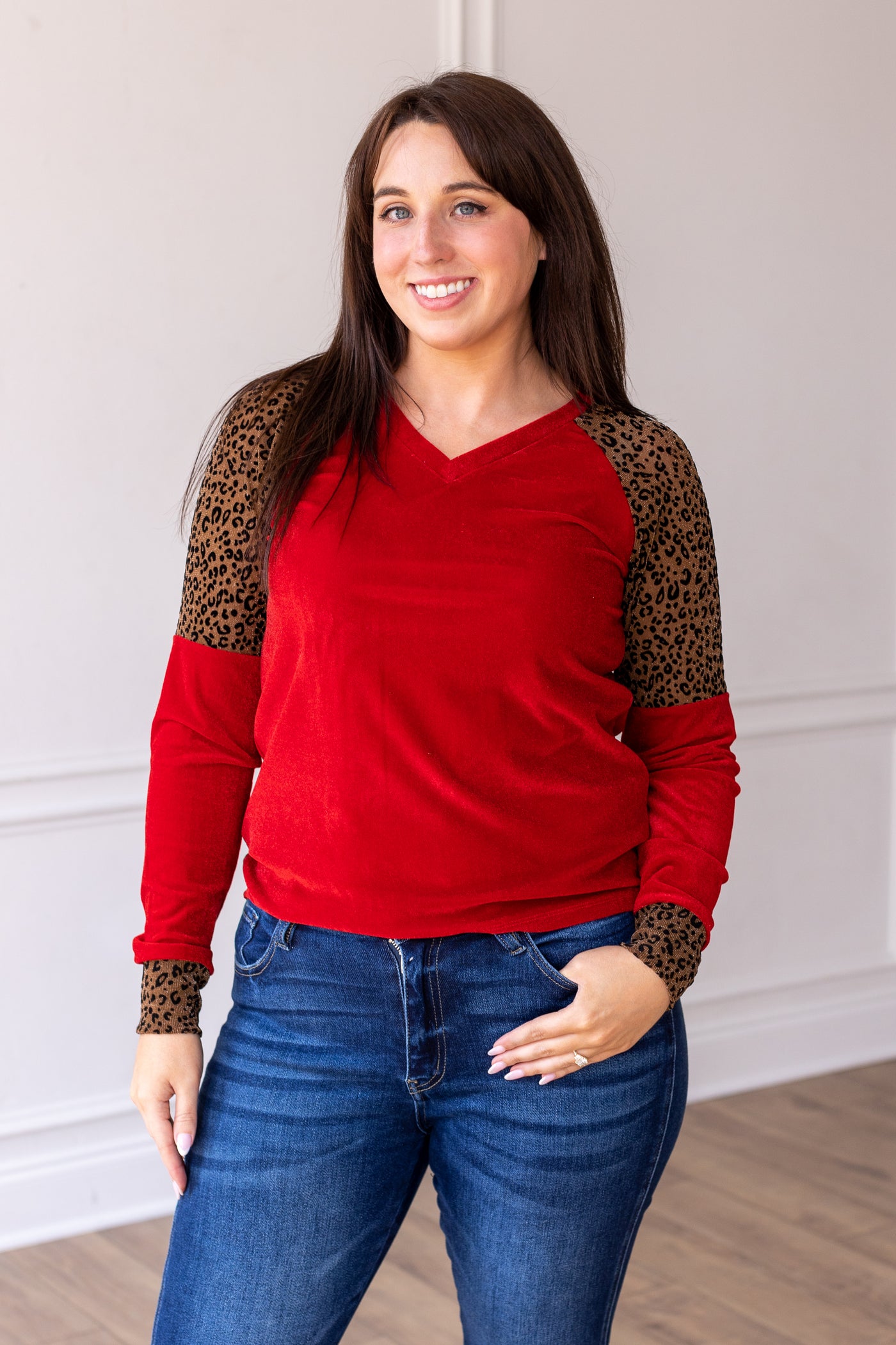 Red Velvet Top with Leopard Details