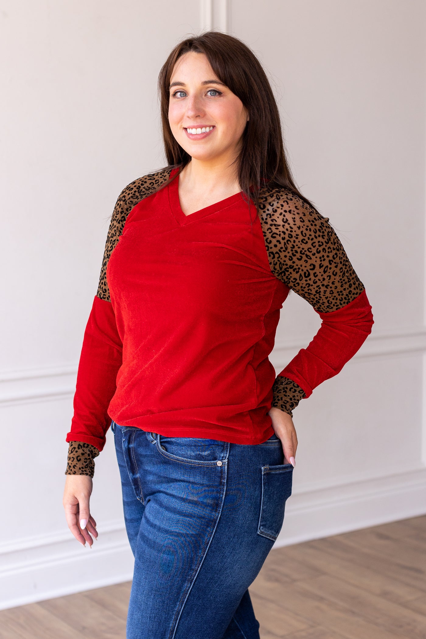 Red Velvet Top with Leopard Details