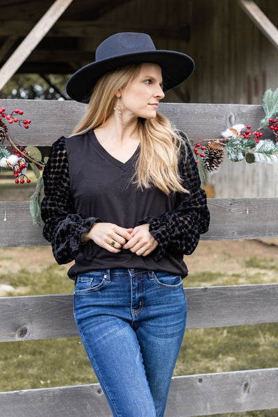 Black Top with Burnout Velvet Sleeves