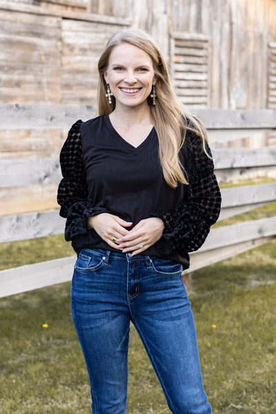 Black Top with Burnout Velvet Sleeves