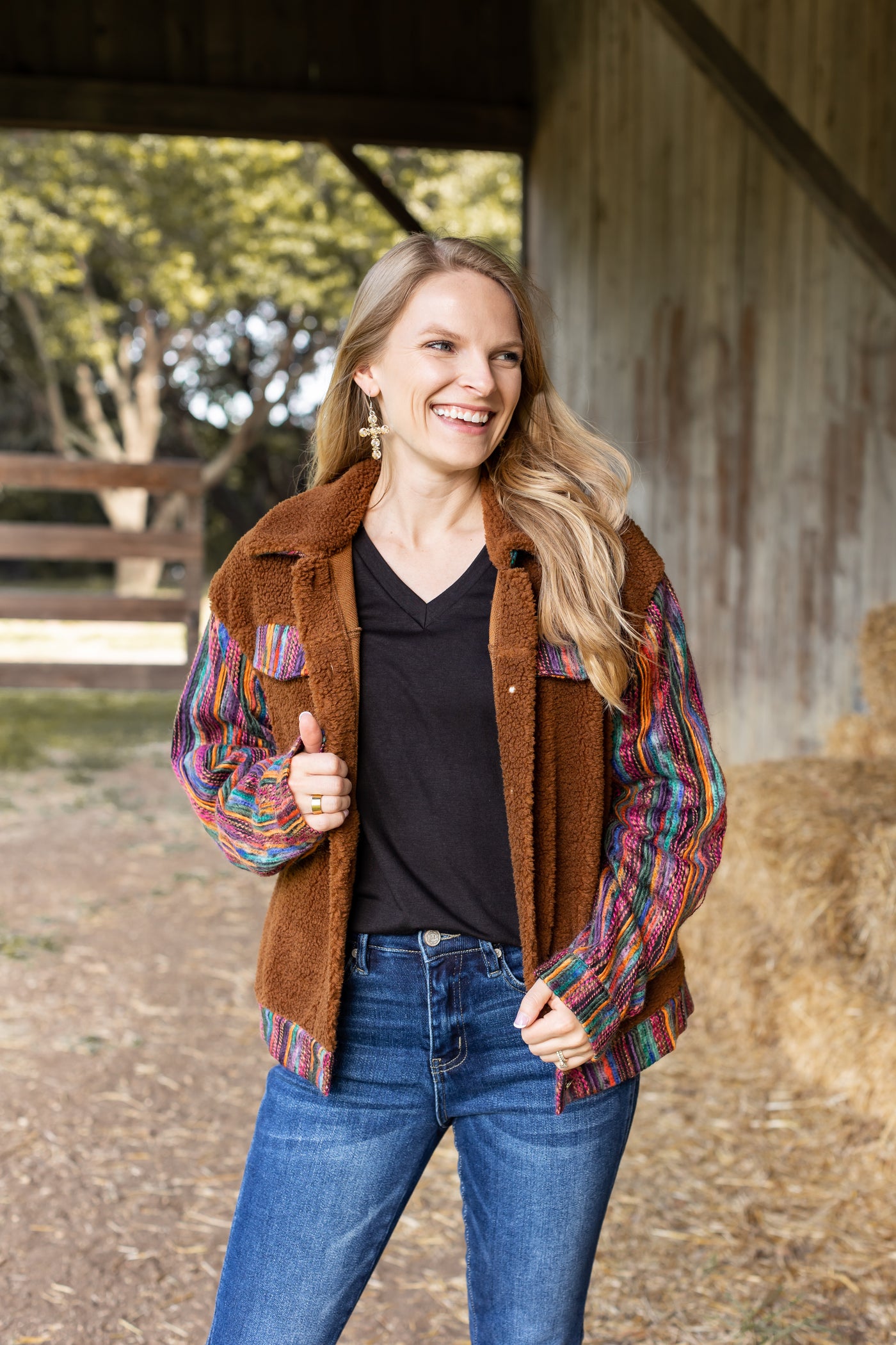 Brown Sherpa with Multi-Colored Sleeves