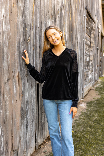 Black Velvet Top with Burnout Leopard Details