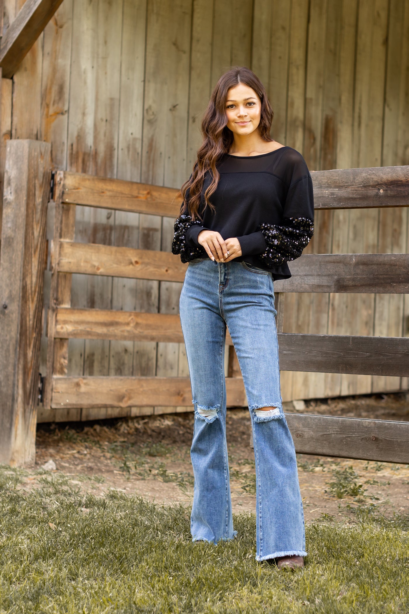 Black Waffle Knit Top with Mesh and Sequin Details