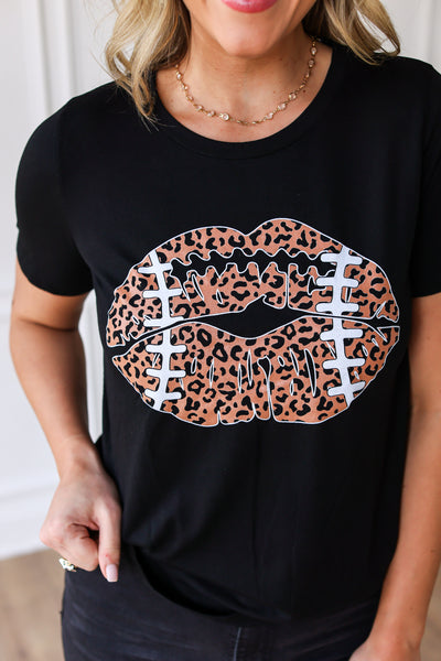 Football Leopard Lips on Black Crewneck Tee