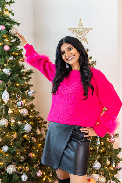 Hot Pink Knit Feather Sweater