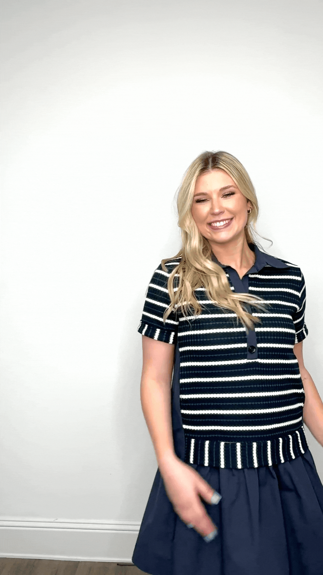 Striped Knit Top with Attached Skirt, Navy