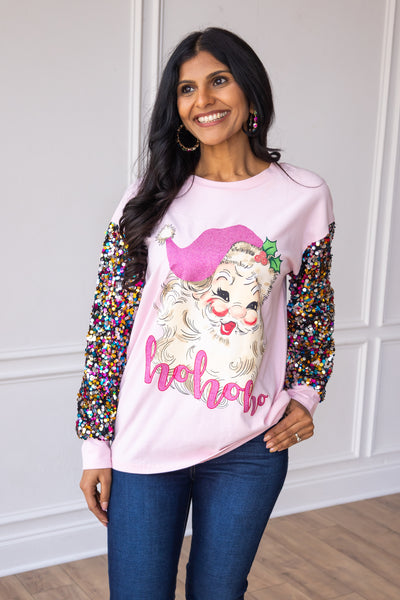 Santa on Pink Sweatshirt with Sequin Sleeves