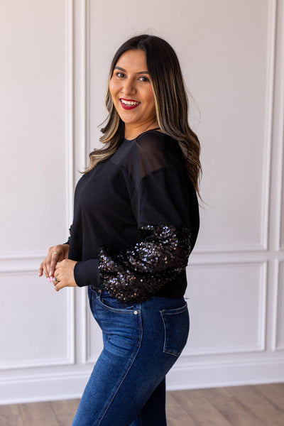 Black Waffle Knit Top with Mesh and Sequin Details