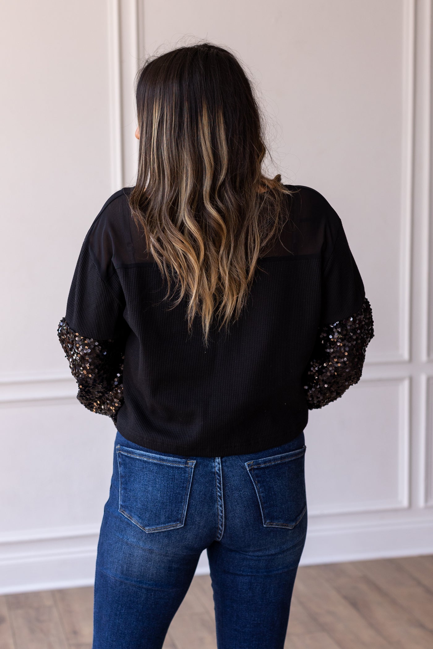 Black Waffle Knit Top with Mesh and Sequin Details