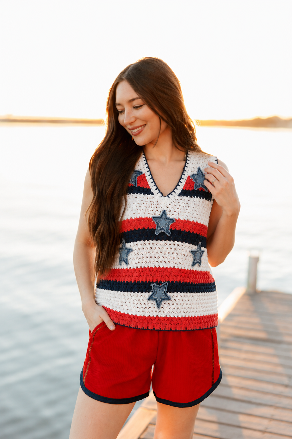 Crochet Top with Denim Patches