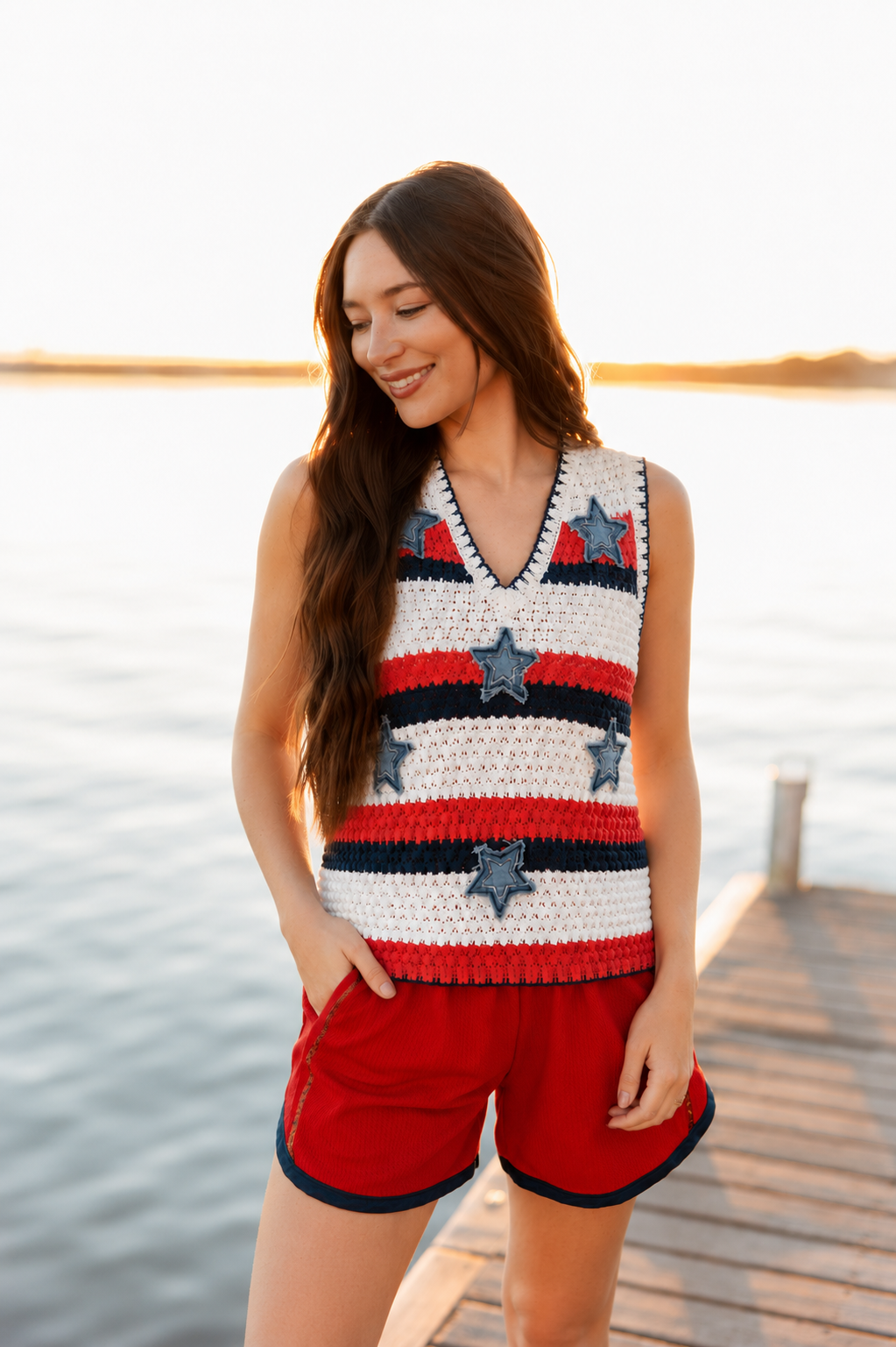 Crochet Top with Denim Patches
