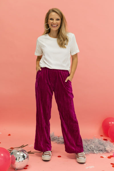 Raspberry Rendezvous Velvet Wide Leg Pants