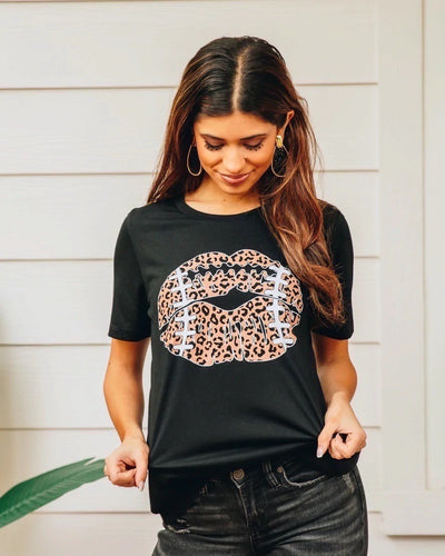 Football Leopard Lips on Black Crewneck Tee