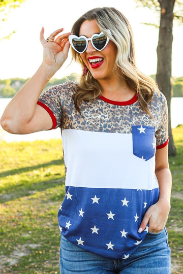 Party Like Its 1776 Pocket Tee, Vintage Leopard and Stars
