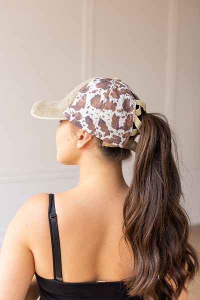 Distressed Light Brown and Brown Cow High Ponytail Hat