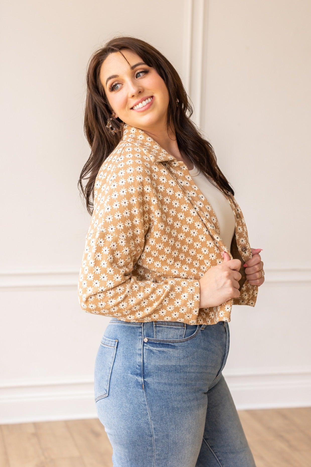 Field Of Daisies Crop Brown Floral Button Down