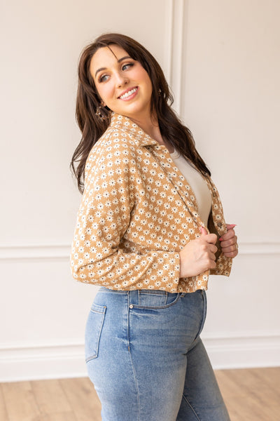 Field Of Daisies Crop Brown Floral Button Down