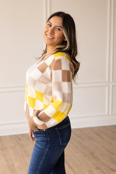 Coffee Brown Chic Checkered Sweater