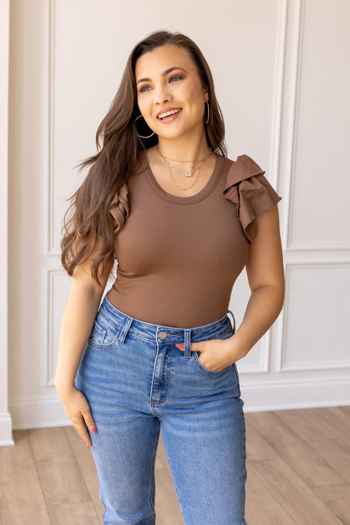 The Eloise Ruffle Sleeve Bodysuit, Brown