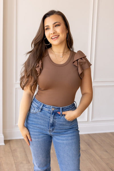 The Eloise Ruffle Sleeve Bodysuit, Brown