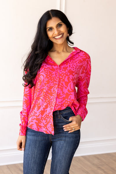 The Kathryn Hot Pink Abstract Floral Button Down Top