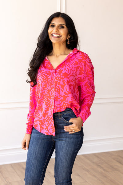 The Kathryn Hot Pink Abstract Floral Button Down Top