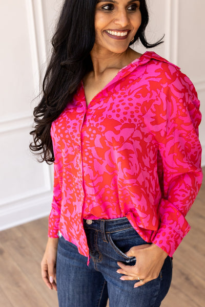 The Kathryn Hot Pink Abstract Floral Button Down Top