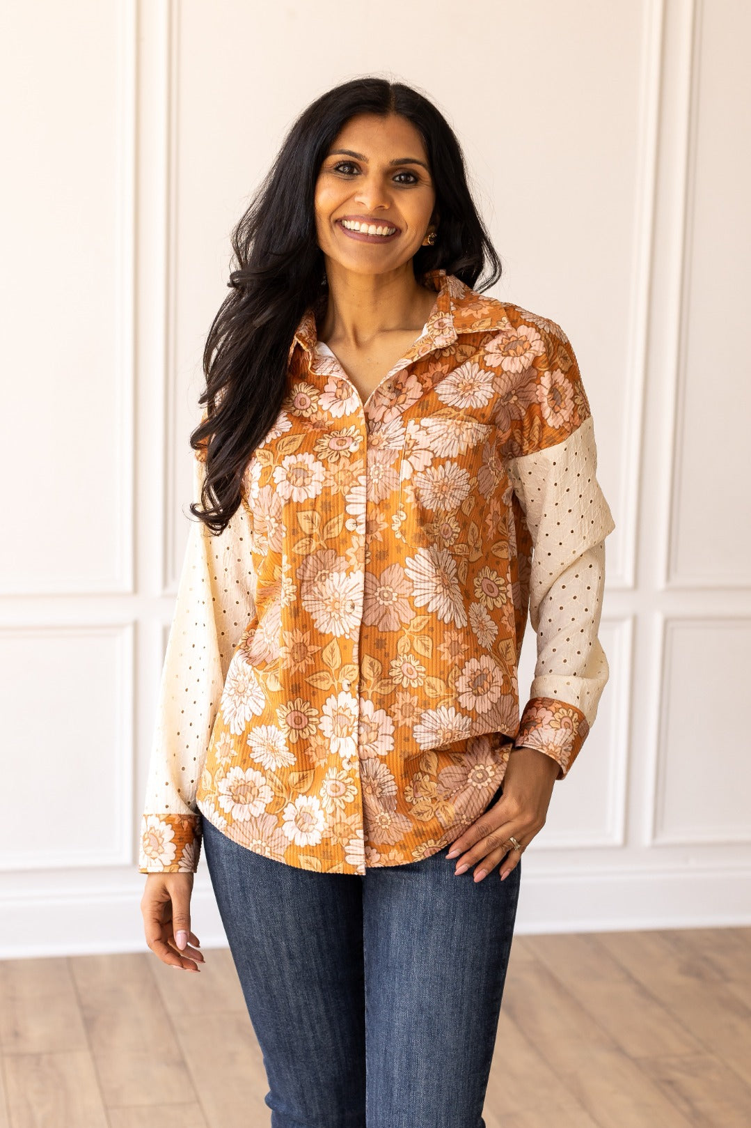 She's The One Orange Floral Button Down