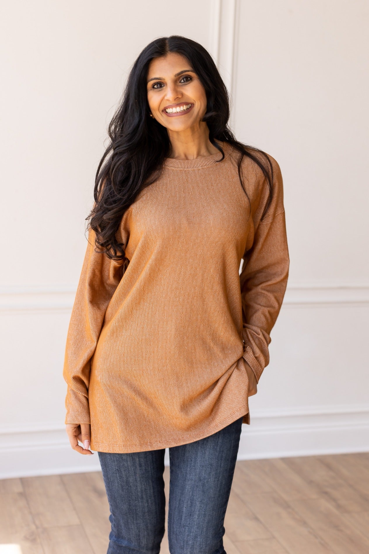 Daydream Sweetie Brown Ribbed Long-sleeve Top