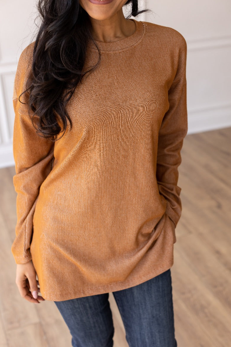 Daydream Sweetie Brown Ribbed Long-sleeve Top