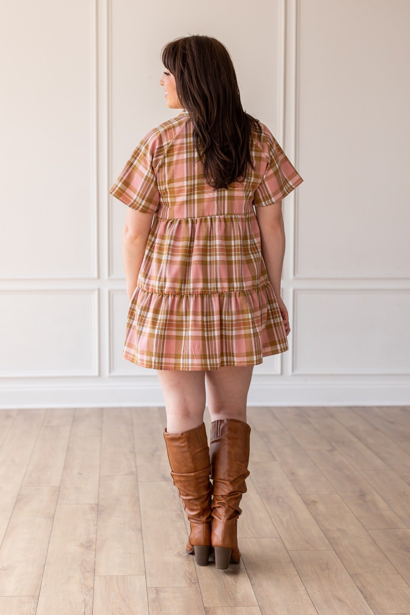 A Walked Through the Leaves Plaid Flutter Sleeve Dress